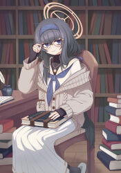 1girl absurdres bags_under_eyes black_hair black_pantyhose black_undershirt blue_archive blue_eyes blue_hairband blue_neckerchief book book_stack bookshelf cardigan chair commentary_request crossed_bangs desk grey_cardigan hair_between_eyes hairband halo highres holding holding_book inkwell jewelry library long_hair long_skirt long_sleeves looking_at_viewer mysterious_madaox neckerchief necklace on_chair pantyhose quill sailor_collar school_uniform serafuku sitting skirt sleeves_past_wrists smile solo ui_(blue_archive) very_long_hair wallet white_sailor_collar white_serafuku white_skirt yellow_halo