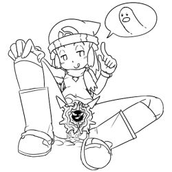 1girl :q beanie bloggerman boots censored cloyster creatures_(company) cum dawn_(pokemon) diglett game_freak gen_1_pokemon greyscale hat lineart looking_at_viewer lowres monochrome nintendo novelty_censor phallic_symbol pokemon pokemon_(creature) scarf sexually_suggestive simple_background sitting spread_legs suggestive_fluid tongue tongue_out white_background yonic_symbol