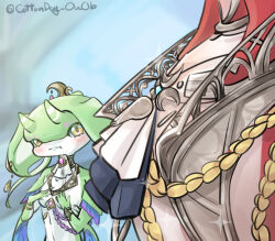 1boy 1girl artist_name blush bracelet breast_envy colored_skin cottondog_ouob fish_boy from_side furry gem girl_staring_at_guy&#039;s_chest_(meme) green_horns horns jewelry looking_at_another looking_at_pectorals meme nintendo pectorals pout red_skin sidon sparkle the_legend_of_zelda the_legend_of_zelda:_tears_of_the_kingdom upper_body whistle yellow_eyes yona_(zelda) zora