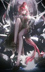 1girl absurdres bare_shoulders black_dress black_gloves black_pantyhose black_shoes closed_mouth commentary_request dress elbow_gloves gloves hair_between_eyes high_heels highres long_hair looking_at_viewer mole mole_under_eye pantyhose ponytail purple_eyes red_hair shoes sidelocks sitting sleeveless sleeveless_dress solo wuthering_waves yinlin_(wuthering_waves) zadun zapstring_(wuthering_waves)