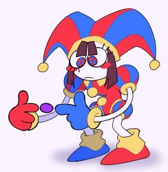 1girl :&lt; full_body galactabee gloves hat highres index_finger_raised jester jester_cap multicolored_eyes pomni_(the_amazing_digital_circus) short_hair the_amazing_digital_circus toon_(style)