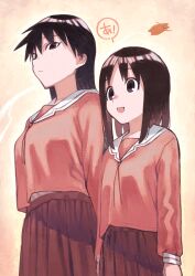 Rule 34 | 2girls, a (phrase), azumanga daioh&#039;s school uniform, azumanga daiou, black hair, closed mouth, commentary request, highres, kasuga ayumu, kitaya, long hair, long sleeves, looking ahead, multiple girls, open mouth, outdoors, pink background, pink shirt, pleated skirt, sakaki (azumanga daioh), school uniform, shirt, skirt, speech bubble, winter uniform