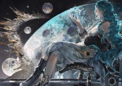 1girl absurdres black_coat blue_hair boots brown_boots coat crossed_legs dress foot_out_of_frame from_side green_eyes hand_up highres hissabeth jewelry long_dress long_hair long_sleeves off_shoulder on_chair planet profile qi_sanlun_shou_feipin reflection reverse:1999 ring silver_dress sitting sleeveless sleeveless_dress smile snake snake_on_head solo space very_long_hair wavy_hair