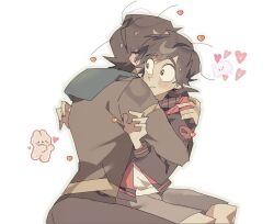 2boys black_hair black_jacket blush coat commentary_request disventure_camp dokusuji_(kw9onou58) grey_shorts heart highres hood hoodie hug jacket jake_(disventure_camp) long_sleeves male_focus multiple_boys pants short_hair shorts sitting surprise_hug tom_(disventure_camp) yaoi