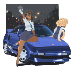 2girls black_hair blonde_hair blue_car blue_eyes car chzzei dark-skinned_female dark_skin explosive green_eyes grenade gun gunsmith_cats highres holding holding_weapon minnie_may_hopkins motor_vehicle multiple_girls necktie rally_vincent short_hair skirt smile toyota_mr2 weapon