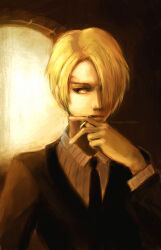 1boy artist_name black_eyes black_necktie blonde_hair cigarette commentary curly_eyebrows deviantart_username english_commentary formal_clothes hair_over_one_eye holding holding_cigarette long_sleeves male_focus necktie one_eye_covered one_piece oranges-lemons sanji_(one_piece) shirt short_hair solo suit white_shirt