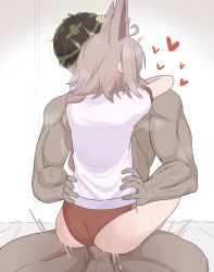 1boy 1girl absurdres animal_ears arms_around_neck blue_archive brown_hair buruma dark-skinned_male dark_skin fox_ears fox_girl green_halo gym_uniform halo hands_on_another&#039;s_hips highres long_braid makura_u9b otogi_(blue_archive) red_buruma sensei_(blue_archive) sex simple_background