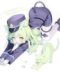 1girl blue_archive cat demon_tail extra_ears gloves green_hair green_halo halo hat highres hikari_(blue_archive) long_hair looking_at_viewer pantyhose pointy_ears poko050498 sidelocks simple_background skirt stretching tail thick_eyebrows white_background white_gloves white_pantyhose