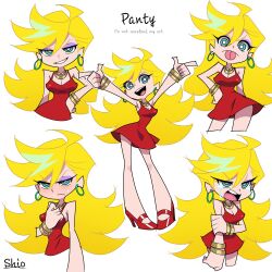 1girl :d ahoge artist_name bare_legs bare_shoulders blonde_hair blue_eyes blush bracelet breasts bright_pupils character_name cleavage closed_mouth cocktail_dress collarbone commentary_request dot_nose dress earrings eyeshadow finger_gun frown full_body gold_bracelet gold_necklace grin hand_on_own_hip high_heels highres holding_own_arm hoop_earrings jewelry long_hair looking_at_viewer makeup multiple_views necklace open_mouth panty_&amp;_stocking_with_garterbelt panty_(psg) pointy_hair purple_eyeshadow red_dress red_shoes shio_(zsp1jqohfr12495) shoes short_dress sleeveless sleeveless_dress small_sweatdrop smile smirk smug spaghetti_strap tears teeth tongue tongue_out upper_teeth_only v-shaped_eyebrows white_background white_pupils
