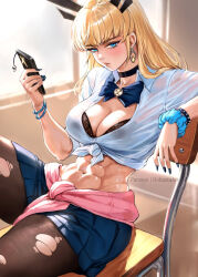 1girl abs bangle black_bra black_choker black_nails black_pantyhose blonde_hair blue_bow blue_bowtie blue_eyes blue_scrunchie blue_skirt blush bow bowtie bra bra_peek bracelet breasts cellphone cellphone_charm chair charm_(object) choker cleavage clothes_around_waist collared_shirt commentary day earrings english_commentary fingernails gyaru highres holding holding_phone indoors jewelry large_breasts lens_flare long_fingernails long_hair looking_at_viewer magik_(x-men) marvel marvel_rivals midriff miniskirt muscular muscular_female nail_polish navel on_chair paid_reward_available pantyhose patreon_username phone pleated_skirt robusta_mania school_chair school_uniform scrunchie shirt sitting skirt smartphone solo spiked_bracelet spikes tied_shirt torn_clothes torn_pantyhose underwear white_shirt window wrist_scrunchie x-men