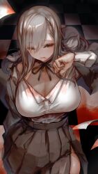 1girl absurdres black_skirt blonde_hair blood blood_on_clothes blood_on_ground blood_on_hands blood_on_mouth blush breasts brown_eyes checkered_floor cleavage clenched_hand closed_mouth commentary_request hair_between_eyes highres large_breasts long_hair looking_down original pleated_skirt shirt skirt soleil_(soleilmtfbwy03) solo thick_thighs thighs vampire white_shirt
