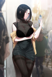 1girl ^^^ against_wall akchu black_bra black_hair black_nails black_shirt black_skirt bra breasts cellphone cleavage collarbone feet_out_of_frame high-waist_skirt highres hina_(akchu) holding holding_phone jacket lace lace-trimmed_bra lace_trim large_breasts long_sleeves looking_at_viewer nail_polish notice_lines open_clothes open_jacket original pantyhose parted_lips people phone red_eyes see-through_clothes shirt short_hair short_sleeves skirt smartphone solo_focus speech_bubble standing textless_version thighband_pantyhose underwear yellow_jacket