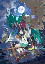 1girl :d :p ^_^ aqua_shorts artist_name bag beach beanie bewear bird black_eyes black_hair black_shoes city closed_eyes closed_mouth cloud comfey dated decidueye e_volution eating fence floating floral_print floral_print_shirt flower flying food food_on_face full_body full_moon gen_7_pokemon grass hat highres holding holding_food legendary_pokemon looking_at_food looking_at_viewer looking_down looking_to_the_side lunala malasada medium_hair moon night night_sky nintendo one_eye_closed open_mouth outdoors pikipek pink_flower poke_ball_print pokemon pokemon_(creature) pokemon_sm red_eyes red_flower red_hat red_socks road_sign selene_(pokemon) shirt shoes shore short_sleeves shorts shoulder_bag sign sitting sitting_on_fence sky smile socks tied_shirt tongue tongue_out w white_flower wings wooden_fence yellow_flower yellow_shirt