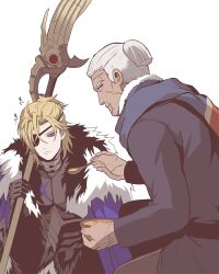 2boys :t areadbhar_(fire_emblem) arm_up armor armored_legwear bags_under_eyes belt black_armor black_belt black_tunic blonde_hair blue_cape blue_eyes blue_scarf bowl breastplate cape chewing commentary_request dark-skinned_male dark_skin dedue_molinaro dedue_molinaro_(timeskip) dimitri_alexandre_blaiddyd dimitri_alexandre_blaiddyd_(timeskip) facial_scar feeding fire_emblem fire_emblem:_three_houses food fur-trimmed_cape fur-trimmed_shirt fur_trim gauntlets grey_pants hair_between_eyes highres holding holding_bowl holding_polearm holding_spoon holding_weapon long_sleeves looking_at_another male_focus megubiru multiple_boys multiple_scars nintendo ornate_weapon pants polearm ponytail scar scar_on_cheek scar_on_chin scar_on_face scar_on_forehead scar_on_hand scarf shirt short_ponytail simple_background sound_effects soup spoon tunic weapon white_background white_fur white_hair
