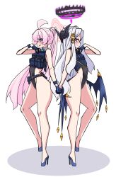 2girls absurdres ahoge ammunition_pouch belt black_leotard blue_archive blue_eyes blue_necktie blush breasts bulletproof_vest covered_navel demon_horns demon_wings detached_collar gloves groin hair_ornament hairclip halo high_heels highleg highleg_leotard highres hina_(blue_archive) holding_hands horns hoshino_(blue_archive) lazy_ant leotard long_hair looking_at_viewer multiple_girls multiple_horns necktie pink_hair pink_halo ponytail pouch purple_eyes purple_halo small_breasts thick_thighs thighs utility_belt very_long_hair white_background white_hair wings