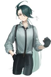 1girl ahoge androgynous black_gloves black_necktie black_pants closed_mouth collarbone collared_shirt cropped_legs earrings gloves green_hair grey_shirt hair_over_one_eye highres holding holding_poke_ball jewelry long_hair long_sleeves looking_at_viewer necktie nintendo pants poke_ball poke_ball_(basic) pokemon pokemon_sv reverse_trap rika_(pokemon) shirt simple_background solo suspenders tokoni_fusu translation_request very_long_hair white_background