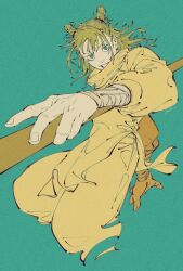1boy arm_up bandaged_arm bandages blue_eyes bo_staff cropped_legs double_bun film_grain fingernails green_background grin hair_bun highres holding holding_staff holding_weapon jujutsu_kaisen kashimo_hajime limited_palette long_hair looking_at_viewer male_focus mim_(mimya0600) pants shirt simple_background smile solo staff teeth weapon