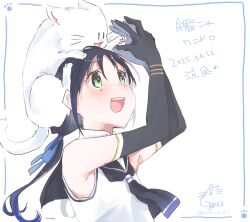 animal animal_on_head black_gloves black_hair black_neckerchief black_sailor_collar blue_hair cat cat_on_head character_name copyright_name dated elbow_gloves gloves gradient_hair green_eyes highres kantai_collection kurohina_(kurohina_66_s) low_twintails multicolored_hair neckerchief on_head one-hour_drawing_challenge open_mouth sailor_collar sailor_shirt school_uniform serafuku shirt smile suzukaze_(kancolle) teeth twintails upper_body upper_teeth_only white_shirt