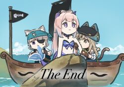 3girls animal_ears bare_shoulders black_hat blue_sky boat cat_ears cat_tail day eyepatch flag genshin_impact grey_hair hat kirara_(genshin_impact) kirara_(phantom_in_boots)_(genshin_impact) long_hair lynette_(genshin_impact) multiple_girls official_alternate_costume outdoors pink_hair purple_eyes sangonomiya_kokomi sky star_(symbol) stomach tail very_long_hair water watercraft xinzoruo
