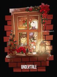 Rule 34 | 1girl, 1other, black background, character doll, christmas, christmas ornaments, closed mouth, copyright name, doll, english text, frisk (undertale), goat girl, highres, kamezaemon, papyrus (undertale), parted lips, sans (undertale), smile, toriel, undertale, window