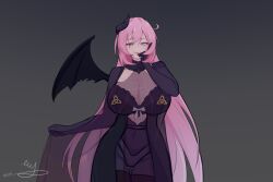 Rule 34 | 1girl, alternate costume, black dress, black gloves, black thighhighs, breasts, cleavage, commentary, dress, elbow gloves, elysia (honkai impact), english commentary, eruda erudia, gloves, grey background, honkai (series), honkai impact 3rd, horns, huge breasts, long hair, panties, purple eyes, revealing clothes, simple background, single horn, solo, thighhighs, tongue, tongue out, twitter username, underwear, very long hair, wings