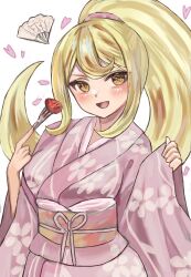 1girl :d blonde_hair blush bow breasts danganronpa_(series) danganronpa_2:_goodbye_despair food fork hair_between_eyes hair_ornament hands_up heart highres holding holding_fork japanese_clothes kimono large_breasts long_hair naname_sirosiro obi official_alternate_costume open_mouth ponytail saionji_hiyoko sash simple_background smile solo white_background