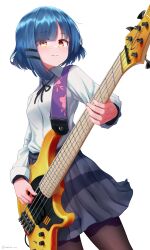 1girl 5-string_bass_guitar absurdres asymmetrical_sidelocks bass_guitar black_ribbon blue_hair bocchi_the_rock! breasts collared_shirt commentary cowboy_shot dingwall_guitars dingwall_ng3 dress_shirt grey_skirt guitar_strap highres holding holding_bass_guitar holding_instrument instrument long_sleeves looking_at_viewer mokuka_noe neck_ribbon pantyhose parted_lips pleated_skirt ribbon school_uniform shimokitazawa_high_school_uniform shirt shirt_tucked_in short_hair simple_background skirt small_breasts smile white_background white_shirt yamada_ryo yellow_eyes score:0 rating:general Rule 34 | 1girl, 5-string bass guitar, absurdres, asymmetrical sidelocks, bass guitar, black ribbon, blue hair, bocchi the rock!, breasts, collared shirt, commentary, cowboy shot, dingwall guitars, dingwall ng3, dress shirt, grey skirt, guitar strap, highres, holding, holding bass guitar, holding instrument, instrument, long sleeves, looking at viewer, mokuka noe, neck ribbon, pantyhose, parted lips, pleated skirt, ribbon, school uniform, shimokitazawa high school uniform, shirt, shirt tucked in, short hair, simple background, skirt, small breasts, smile, white background, white shirt, yamada ryo, yellow eyes