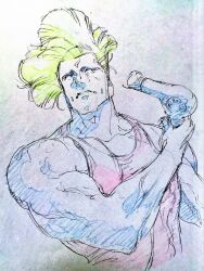 ahn_dongshik biceps blonde_hair blue_theme closed_mouth collarbone colored_pencil_(medium) deltoids flattop floating_hair guile hair_dryer highres holding holding_hair_dryer limited_palette long_hair looking_to_the_side looking_up male_focus muscular muscular_male official_alternate_color pectorals photo_(medium) red_shirt shirt simple_background sketch sleeveless sleeveless_shirt solo sternocleidomastoid_muscle street_fighter street_fighter_ii_(series) traditional_media triceps upper_body veins veiny_arms white_background