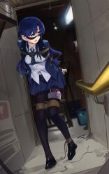 1girl absurdres arms_behind_back black_pantyhose black_shoes blindfold blindfold_slip blue_hair blue_jacket blue_necktie blue_skirt blurry blurry_background bound bound_arms bound_thighs breasts brown_eyes cad_(caddo) collared_shirt commentary commission diagonal-striped_clothes diagonal-striped_necktie english_commentary full_body glint highres idolmaster idolmaster_(classic) indoors jacket kisaragi_chihaya long_hair long_sleeves necktie open_clothes open_jacket open_mouth pantyhose pleated_skirt rope second-party_source sex_toy shirt shoes skirt solo standing striped_clothes sweatdrop tape vibrator vibrator_cord vibrator_under_clothes walking white_shirt