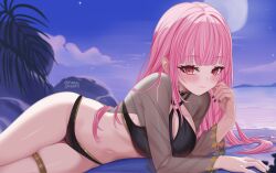 1girl :3 beach bikini black_bikini black_nails blunt_bangs blurry blurry_background breasts closed_mouth cloud commentary criss-cross_halter halterneck highleg highres hololive hololive_english large_breasts long_hair looking_at_viewer lying mafukkoin mori_calliope nail_polish navel night o-ring o-ring_top ocean official_alternate_costume on_side pink_eyes pink_hair sidelocks solo star_(sky) stomach straight_hair swimsuit swimsuit_cover-up symbol-only_commentary virtual_youtuber
