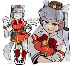 1girl animal_ears blunt_bangs boots breasts english_text gloves gold_ship_(umamusume) grey_hair highres horse_ears horse_girl horse_tail large_breasts long_hair looking_at_viewer mitsuko_tan pantyhose pink_eyes pointing pointing_at_self simple_background sleeveless smile solo speech_bubble tail teeth umamusume upper_teeth_only white_background white_boots white_gloves white_pantyhose