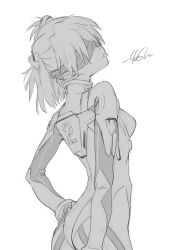 1girl alternate_hairstyle ass bodysuit breasts evangelion:_3.0+1.0_thrice_upon_a_time expressionless gainax hand_on_own_hip interface_headset_(evangelion) looking_back mecha_pilot_suit medium_breasts medium_hair monochrome neon_genesis_evangelion nishigori_atsushi official_art plugsuit_(evangelion) rebuild_of_evangelion sketch source_request souryuu_asuka_langley standing studio_khara tongue tongue_out translation_request two_side_up upper_body white_background wide_hips