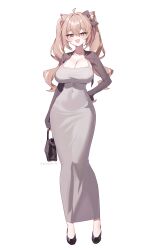1girl :d absurdres ahoge animal_ear_fluff animal_ears bag black_bag black_bow black_shoes blush bow breasts brown_hair cleavage collarbone commentary covered_navel dog_ears dongtan_dress double-parted_bangs english_commentary fang full_body hair_bow highres holding holding_bag jewelry large_breasts long_eyelashes long_sleeves looking_at_viewer meme_attire narrowed_eyes necklace open_mouth original pearl_necklace shoes skin_fang sleeves_past_wrists smile solo standing taiyaki12 twintails white_background