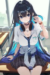 1girl absurdres arm_support bandaid_on_thigh bead_bracelet beads black_choker black_hair black_skirt black_survival blue_eyes blue_hair blue_jacket blue_nails blue_necktie bracelet breast_pocket breasts checkered_clothes checkered_skirt choker classroom cleavage collared_shirt colored_inner_hair commentary crossed_bangs day debi_(after_school)_(black_survival) debi_(black_survival) desk eternal_return:_black_survival hair_between_eyes hand_up headphones headphones_around_neck heart heart_necklace highres indoors jacket jewelry large_breasts lens_flare light_blush light_particles long_hair looking_at_viewer mellow_kaede multicolored_hair nail_polish necklace necktie official_alternate_costume on_table pen pleated_skirt pocket school_desk school_uniform scrunchie shirt sitting skirt smile solo table thighs very_long_hair white_shirt window wrist_scrunchie wristband