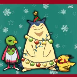 amemachi_(nono_a) bandana cable christmas christmas_lights closed_eyes closed_mouth creatures_(company) full_body game_freak gen_1_pokemon gen_2_pokemon hat letterboxed nintendo no_humans nostrils party_hat pikachu pokemon pokemon_(creature) red_bandana snowflakes star_(symbol) typhlosion xatu
