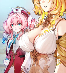 2girls aglaea_(honkai:_star_rail) bare_shoulders blonde_hair blue_hair blue_sky breast_tattoo breasts cleavage colored_tips commentary day derivative_work dress foxyreine green_eyes hat highres honkai:_star_rail honkai_(series) hyacine_(honkai:_star_rail) large_breasts looking_at_another multicolored_hair multiple_girls outdoors parted_lips pink_dress pink_hair pink_hat revision short_hair sky tattoo twintails two-tone_hair white_dress yellow_pupils