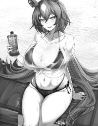 1girl animal_ears bikini bottle breasts collarbone greyscale holding holding_bottle horse_ears horse_girl horse_tail large_breasts monochrome multicolored_hair navel open_mouth see-through_clothes see-through_shirt shirt side-tie_bikini_bottom sirius_symboli_(umamusume) sitting solo stomach swimsuit tail tanning_oil tenko_(raimugi666) tied_shirt two-tone_hair umamusume wet wet_clothes wet_shirt