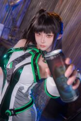 1girl 2025 absurdres arm_at_side arm_up ass ayayachi black_necktie blurry bodysuit breasts brown_eyes closed_mouth commentary cosplay cosplay_photo cowboy_shot depth_of_field dutch_angle english_commentary eve_(stellar_blade) eve_(stellar_blade)_(cosplay) female_focus fingerless_gloves from_behind gameplay_mechanics gloves green_bodysuit green_trim head_tilt highres hime_cut indoors large_breasts light_smile long_hair necktie outstretched_arm perspective photo_(medium) planet_diving_suit_(7th)_(stellar_blade) real_life solo standing stellar_blade thick_thighs thighs very_long_hair white_gloves white_trim