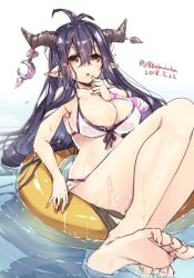 218 antenna_hair bandaged_arm bandages bikini breasts crescent danua draph granblue_fantasy hair_between_eyes horn_ornament horns jewelry large_breasts long_hair pointy_ears purple_hair red_eyes solo swimsuit
