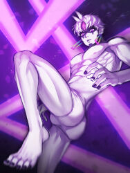1boy abs ass barefoot black_nails cariyacalco commentary_request dandadan earrings enjoji_jin evil_eye_(dandadan) feet foot_out_of_frame foot_up highres jewelry male_focus male_underwear muscular muscular_male no_pants parted_lips pectorals possessed purple_eyes short_hair solo standing standing_on_one_leg third_eye toes topless_male underwear white_hair
