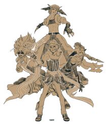 4boys animal animal_around_neck armor assassin_cross_(ragnarok_online) brown_theme cabbie_hat cape clown_(ragnarok_online) commentary commission crop_top cropped_jacket dagger detached_sleeves elbow_gloves fingerless_gloves fox full_body fur-trimmed_cape fur-trimmed_jacket fur_trim gloves hat head_wings highres holding holding_dagger holding_knife holding_weapon jacket jamadhar knife looking_at_viewer male_focus mask masquerade_mask memoryjoule midriff monochrome multiple_boys navel open_clothes open_jacket open_mouth pants pauldrons professor_(ragnarok_online) ragnarok_online scarf shirt shoes short_hair short_sleeves shoulder_armor simple_background sleeveless sleeveless_shirt smile stalker_(ragnarok_online) standing striped_sleeves sunglasses torn_clothes torn_scarf vambraces vest waist_cape weapon wings