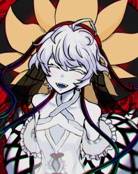 Rule 34 | 1girl, ahoge, bare shoulders, blue tongue, blush, closed eyes, clothing cutout, collarbone, colored skin, colored tongue, detached sleeves, dress, fangs, fate/grand order, fate (series), flat chest, flower, frills, hat, highres, large hat, navel, navel cutout, open mouth, pale skin, puffy sleeves, purple tongue, red background, ribbon, sakyu003, short hair, smile, solo, sunflower, teeth, upper body, van gogh (fate), white dress, white eyes, white hair, white skin