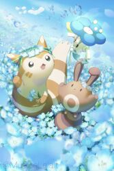 Rule 34 | absurdres, alcremie, altaria, arm up, arms up, artist name, bird, black eyes, blue flower, blue petals, blue sky, blue theme, blurry, blurry background, blurry foreground, brown eyes, bug, butterfly, butterfly wings, commentary, falling petals, field, floating, floette, floette (blue flower), flower, flower field, flower wreath, flying, furret, gen 2 pokemon, gen 3 pokemon, gen 4 pokemon, gen 6 pokemon, gen 8 pokemon, green eyes, highres, holding, holding flower, insect, insect wings, looking at another, murase (muraselelait), nintendo, no humans, open mouth, penguin, petals, piplup, pokemon, pokemon (creature), sentret, sky, smile, sobble, standing, swablu, twitter username, vivillon, vivillon (marine), wings