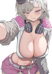 1girl :q belt breasts cleavage closed_mouth commentary cowboy_shot crop_top cropped_jacket cutoffs downblouse eyewear_on_head headphones headphones_around_neck highres jacket large_breasts looking_at_viewer medium_hair midriff navel original outstretched_arm pink_shorts purple_eyes selfie short_shorts shorts simple_background smile solo stomach sunglasses tongue tongue_out torisanff14 unzipped white_background white_hair white_jacket