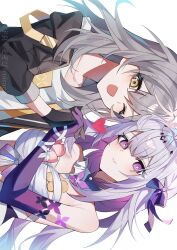 2girls arm_ribbon artist_name bare_shoulders black_coat black_gloves black_tiara blush bow breasts bug butterfly butterfly_ornament castorice_(honkai:_star_rail) closed_mouth coat collarbone colored_inner_hair commentary_request detached_collar dress flower gloves grey_hair hair_between_eyes hair_bow hair_flower hair_ornament heart highres holding_hands honkai:_star_rail honkai_(series) insect long_hair long_sleeves looking_at_viewer low_twintails mandarin_collar medium_breasts multicolored_hair multiple_girls one_eye_closed open_clothes open_coat open_mouth pink_flower puffy_long_sleeves puffy_sleeves purple_bow purple_butterfly purple_eyes purple_gloves purple_hair ribbon shirt sidelocks simple_background sleeveless sleeveless_dress smile stelle_(honkai:_star_rail) t-shirt tiara trailblazer_(honkai:_star_rail) twintails upper_body urasozopi white_background white_bow white_dress white_gloves white_shirt yellow_eyes yellow_flower