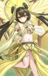 1girl anmo_nomi black_hair closed_mouth detached_sleeves duel_monster earrings feather_hair_ornament feathers gold_thighlet hair_ornament highres jewelry long_hair mandarin_orange_slice midriff nail_polish navel ohime_the_manifested_mikanko smile solo thighs twintails yellow_eyes yu-gi-oh!