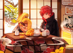 Rule 34 | 2boys, akatsuki uniform, angry, baocaizi, blonde hair, blush, calendar (object), closed eyes, cup, deidara (naruto), food, forehead protector, fruit, heater, high ponytail, highres, indoors, iwagakure symbol, kotatsu, lollipop in mouth, long hair, looking to the side, male focus, mandarin orange, mug, multiple boys, naruto (series), naruto shippuuden, open door, ponytail, red eyes, red hair, robe, sasori (naruto), short hair, sitting, sleeping, sliding doors, snow, star (symbol), steam, table, teapot, tree