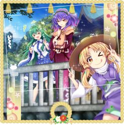 &gt;_&lt; &gt;_o +++ 3girls :q alternate_costume alternate_hairstyle animal_print architecture battery_indicator blonde_hair blue_skirt blue_sky blush blush_stickers border breasts brown_eyes brown_hat closed_mouth day detached_sleeves double_v earrings east_asian_architecture frog_hair_ornament frog_print game_cg green_hair hair_ornament hair_ribbon hair_tubes hat highres japanese_clothes jewelry kimono kochiya_sanae kotori_photobomb long_hair long_sleeves looking_at_viewer low_twintails medium_breasts moriya_suwako multiple_girls navel official_art one_eye_closed outdoors photobomb purple_hair purple_kimono purple_skirt purple_vest railing red_eyes red_ribbon ribbon rotte_(1109) scarf short_hair single_hair_tube skirt skirt_set sky small_breasts smile snake_hair_ornament sparkle taking_picture third-party_source tongue tongue_out touhou touhou_lostword transparent_background tress_ribbon twintails v vest viewfinder wide_sleeves yasaka_kanako yasaka_kanako_(human_village_manifestation)