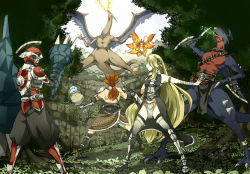 1girl 2boys alder_(pokemon) armor axe bisharp blonde_hair bottle capcom charizard cynthia_(pokemon) dragon drinking eichi_(0903275) fire flame-tipped_tail garchomp gen_1_pokemon gen_3_pokemon gen_4_pokemon gen_5_pokemon hand_on_own_hip hip_focus legs_apart loincloth long_hair metagross monster_hunter_(series) multiple_boys nintendo parody pokemon pokemon_(creature) pokemon_dppt pokemon_rse ponytail red_hair squirtle steven_stone tail very_long_hair volcarona weapon