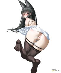Rule 34 | 1girl, absurdres, animal ears, anus, ass, black hair, black pantyhose, blush, clothes pull, fox ears, fox girl, from behind, highres, hoshimi miyabi, looking at viewer, nisp art, panties, panty pull, pantyhose, pantyhose pull, pout, pussy, pussy juice, red eyes, shirt, simple background, solo, underwear, white background, white shirt, zenless zone zero